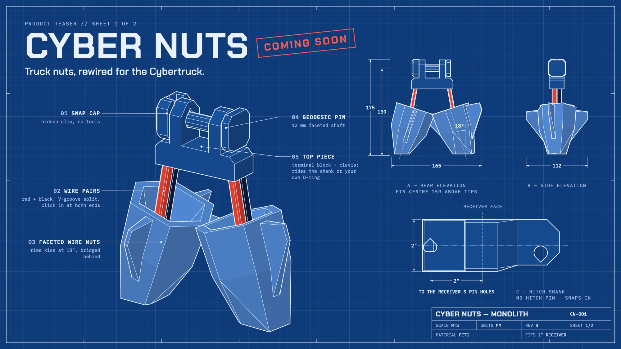 Cyber Nuts blueprint, Rev B: snap cap, wire pairs, faceted wire nuts, geodesic pin and top piece, with rear, side and hitch shank elevations